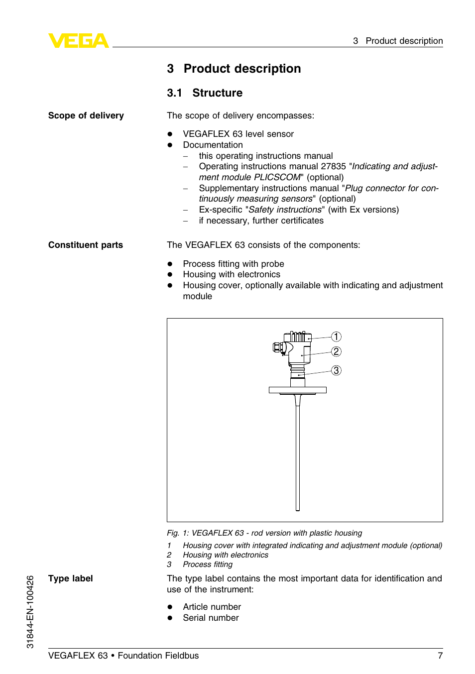 3 product description, 1 structure, 3product description | VEGA VEGAFLEX 63 Foundation Fieldbus User Manual | Page 7 / 60
