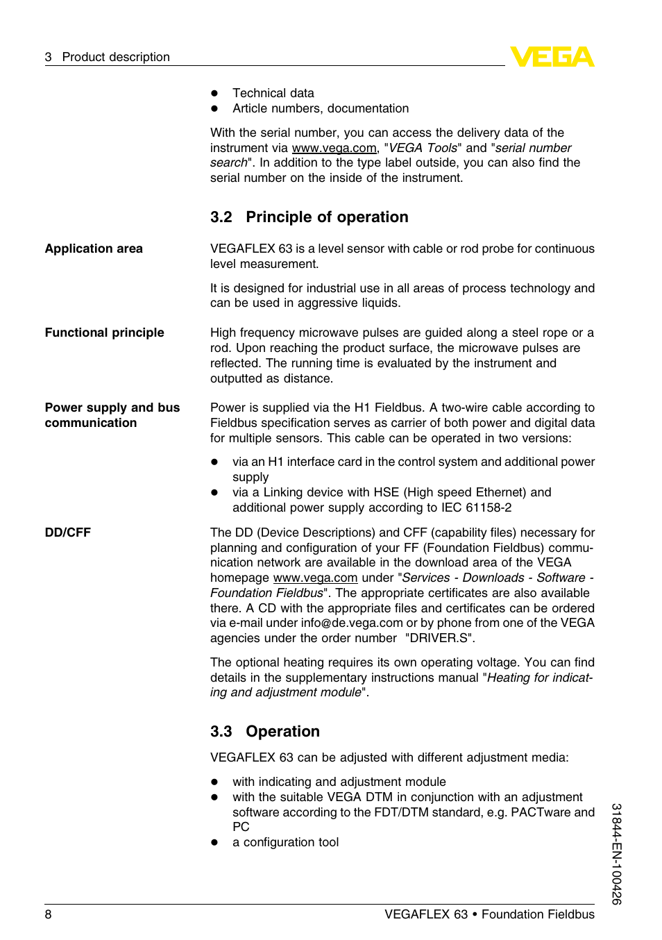 2 principle of operation, 3 operation | VEGA VEGAFLEX 63 Foundation Fieldbus User Manual | Page 8 / 60