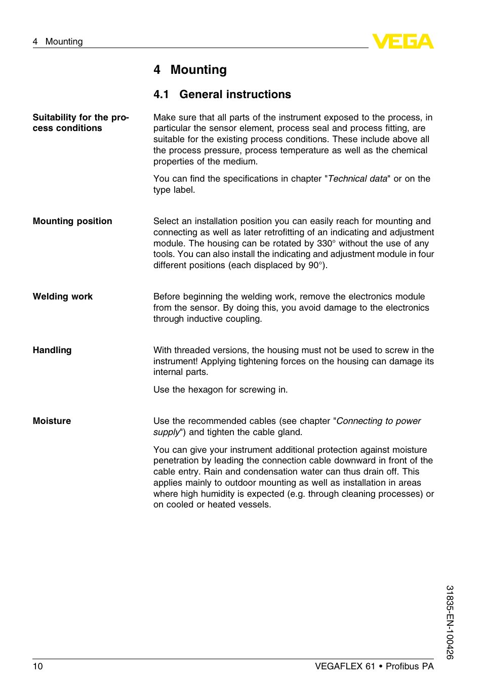 4 mounting, 1 general instructions | VEGA VEGAFLEX 61 Profibus PA User Manual | Page 10 / 64