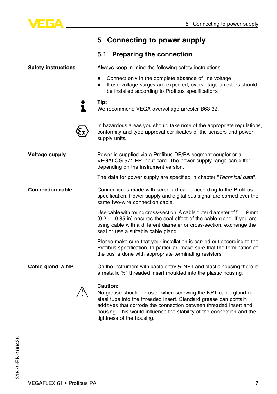 5 connecting to power supply, 1 preparing the connection | VEGA VEGAFLEX 61 Profibus PA User Manual | Page 17 / 64