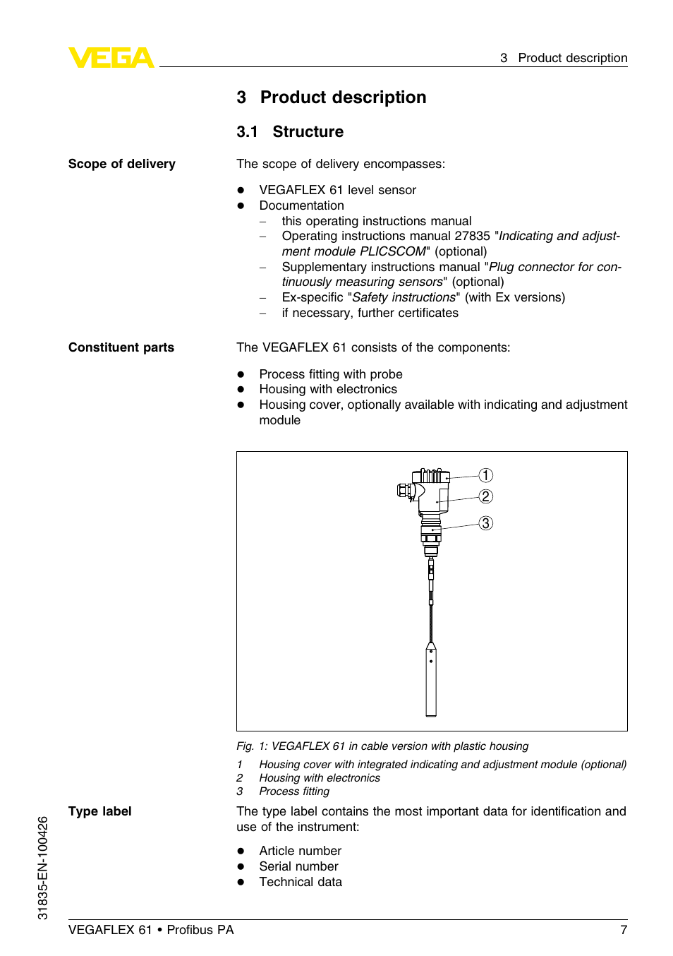 3 product description, 1 structure | VEGA VEGAFLEX 61 Profibus PA User Manual | Page 7 / 64