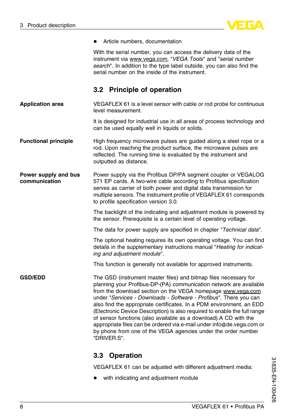 2 principle of operation, 3 operation | VEGA VEGAFLEX 61 Profibus PA User Manual | Page 8 / 64