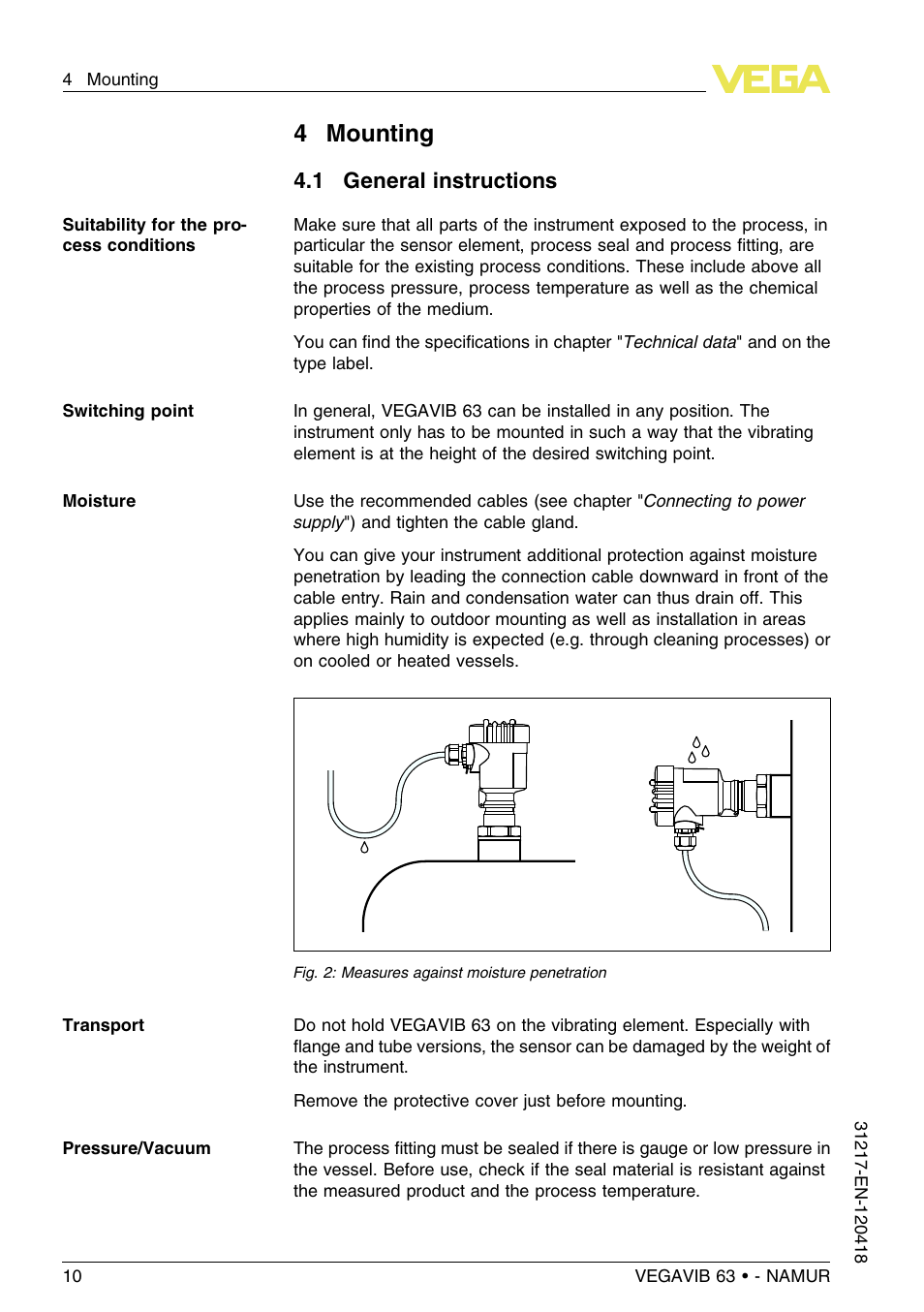 4 mounting, 1 general instructions, 4mounting | VEGA VEGAVIB 63 - NAMUR User Manual | Page 10 / 40