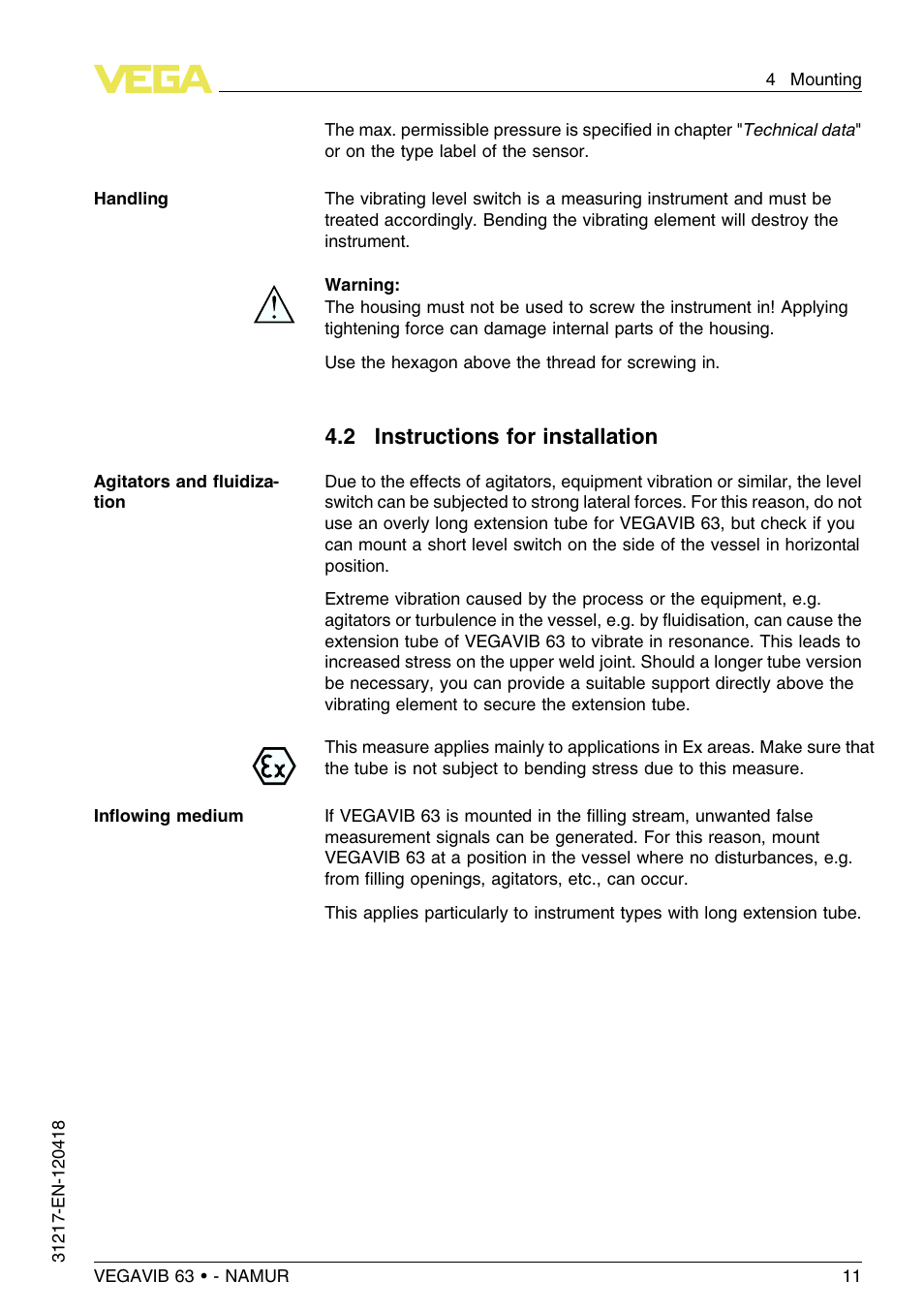 2 instructions for installation | VEGA VEGAVIB 63 - NAMUR User Manual | Page 11 / 40