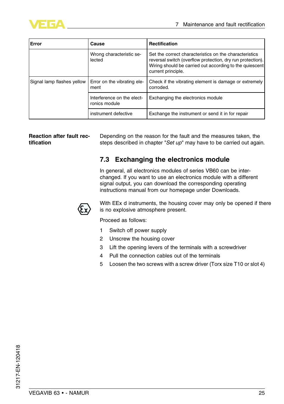 3 exchanging the electronics module | VEGA VEGAVIB 63 - NAMUR User Manual | Page 25 / 40