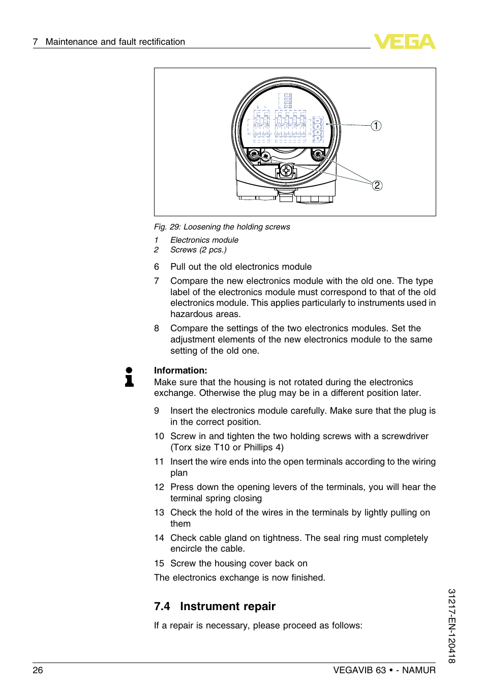 4 instrument repair | VEGA VEGAVIB 63 - NAMUR User Manual | Page 26 / 40