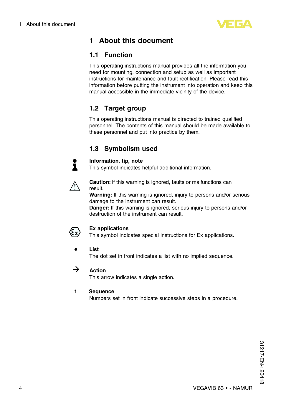 1 about this document, 1 function, 2 target group | 3 symbolism used, 1about this document | VEGA VEGAVIB 63 - NAMUR User Manual | Page 4 / 40