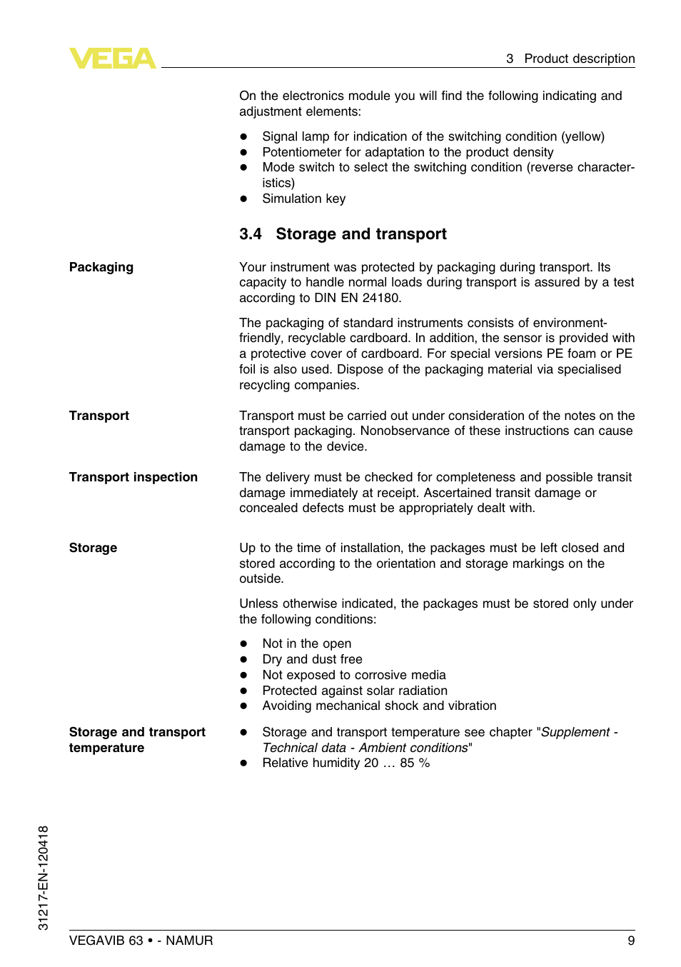 4 storage and transport | VEGA VEGAVIB 63 - NAMUR User Manual | Page 9 / 40