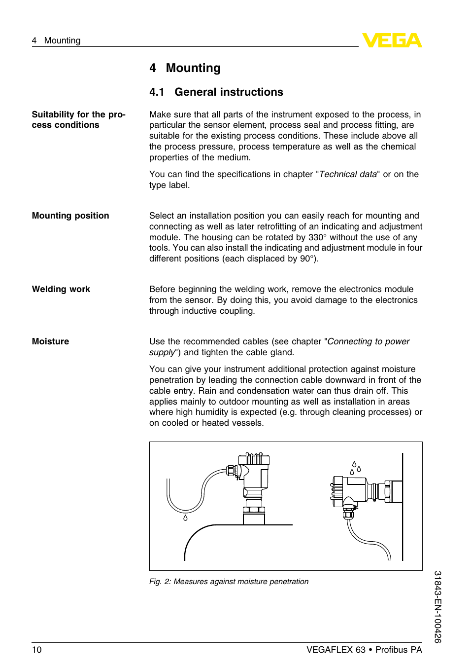 4 mounting, 1 general instructions | VEGA VEGAFLEX 63 Profibus PA User Manual | Page 10 / 60