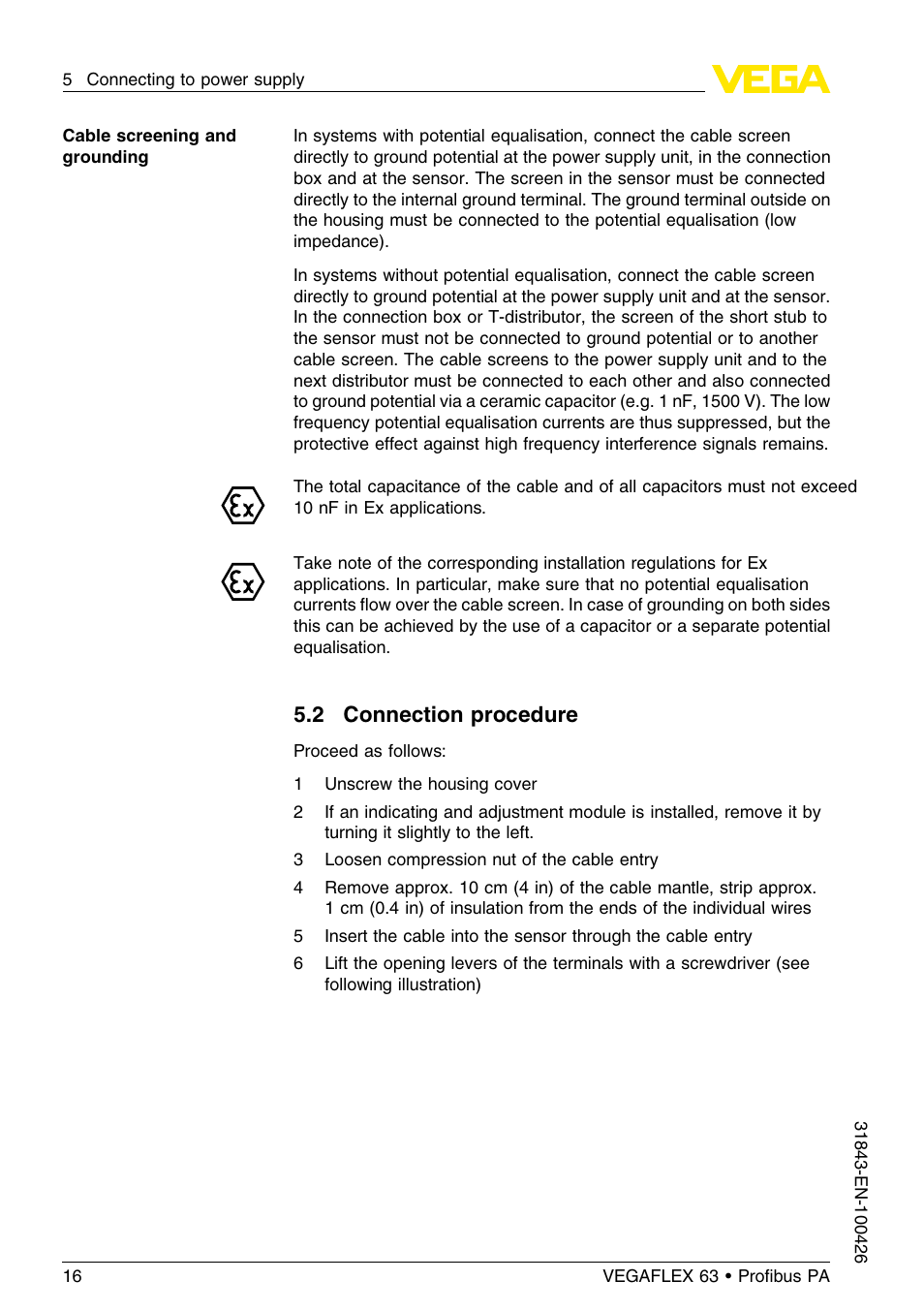 2 connection procedure | VEGA VEGAFLEX 63 Profibus PA User Manual | Page 16 / 60