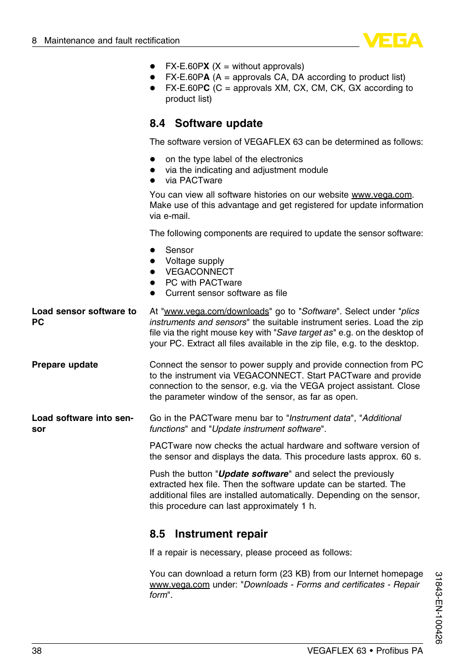 4 software update, 5 instrument repair | VEGA VEGAFLEX 63 Profibus PA User Manual | Page 38 / 60