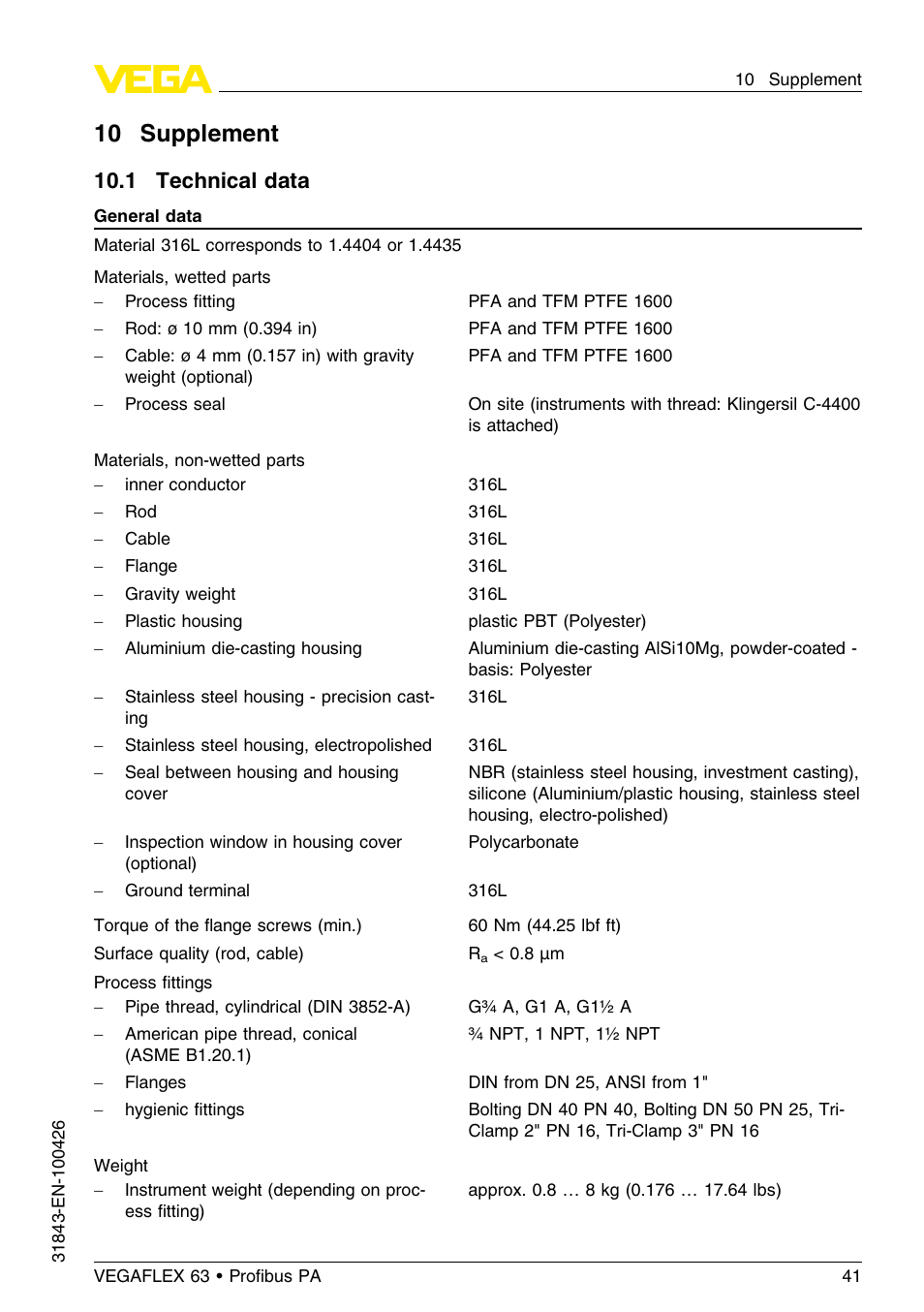 10 supplement, 1 technical data | VEGA VEGAFLEX 63 Profibus PA User Manual | Page 41 / 60