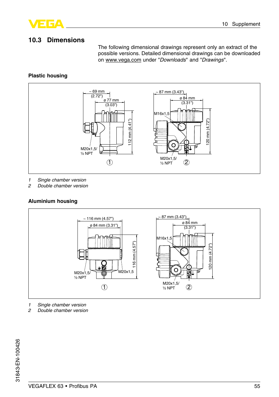 3 dimensions | VEGA VEGAFLEX 63 Profibus PA User Manual | Page 55 / 60