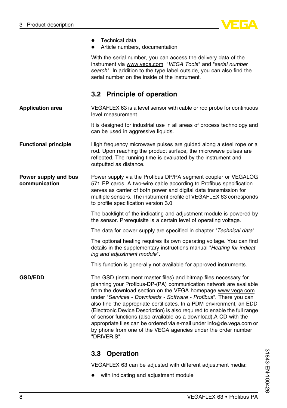 2 principle of operation, 3 operation | VEGA VEGAFLEX 63 Profibus PA User Manual | Page 8 / 60
