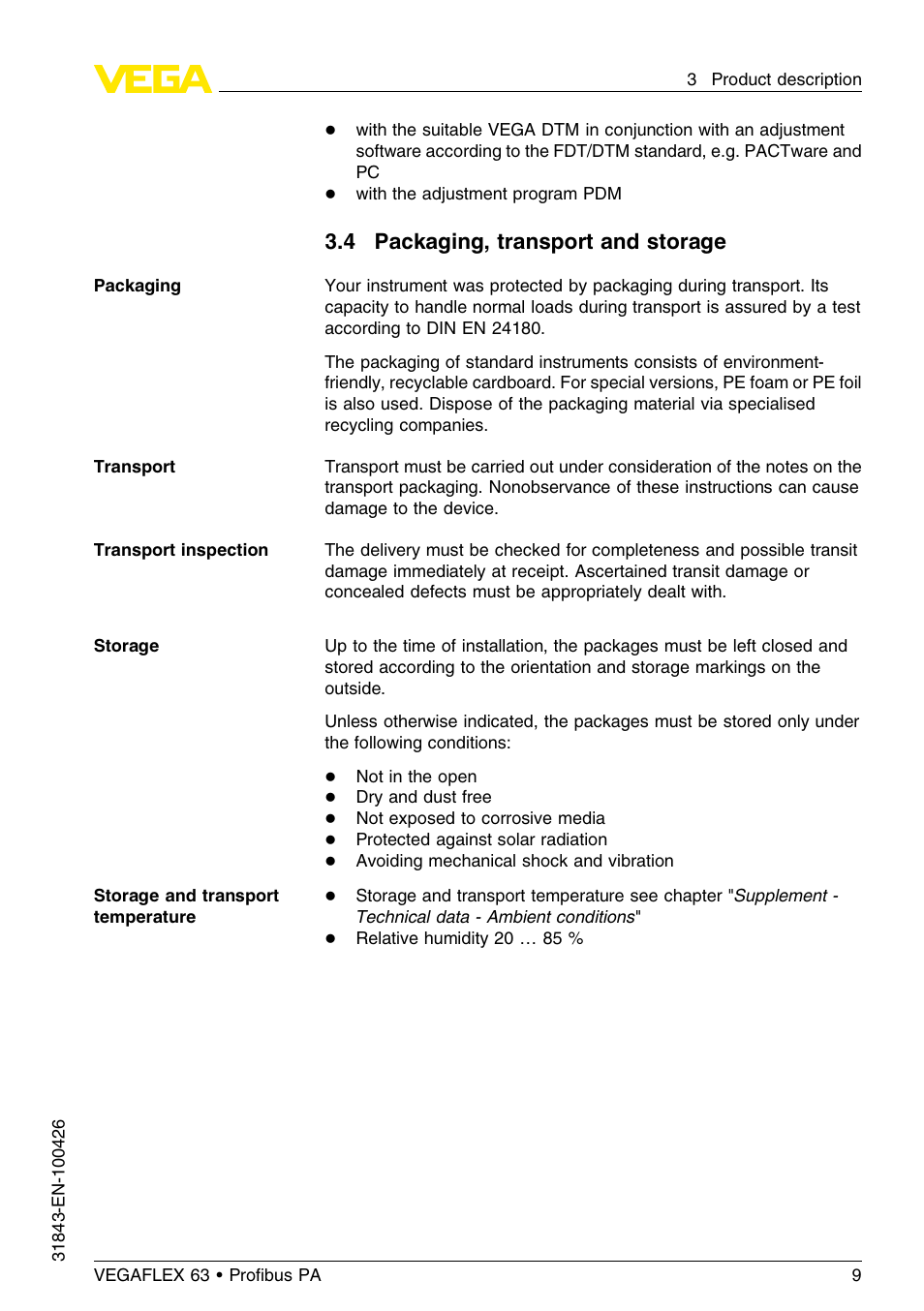 4 packaging, transport and storage | VEGA VEGAFLEX 63 Profibus PA User Manual | Page 9 / 60