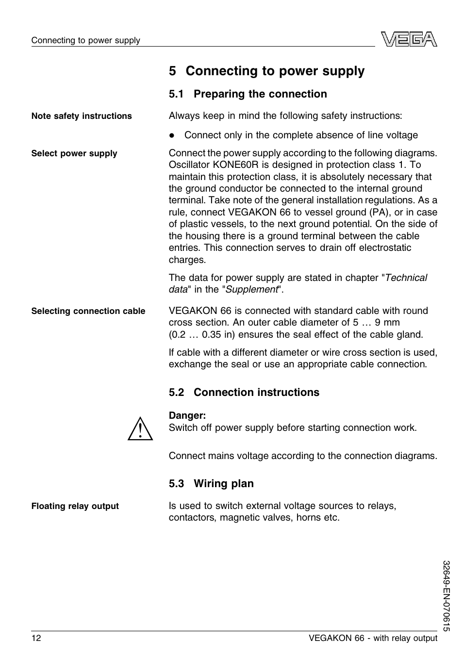 5 connecting to power supply, 1 preparing the connection, 2 connection instructions | 3 wiring plan, 5 c onnecting to power supply | VEGA VEGAKON 66 with relay output User Manual | Page 12 / 28