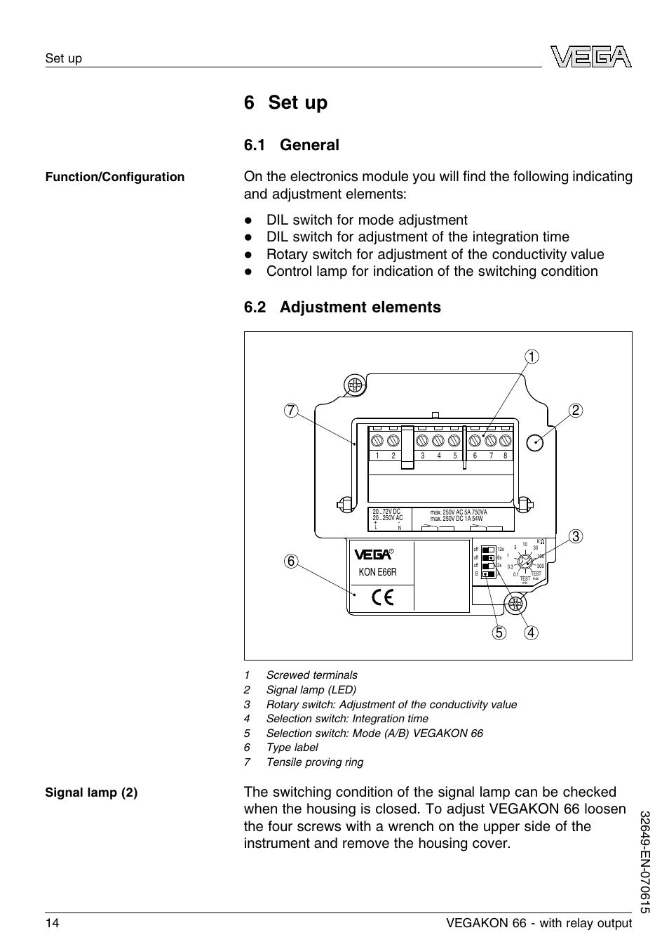 6 set up, 1 general, 2 adjustment elements | 6 s et up, Dil switch for mode adjustment, Dil switch for adjustment of the integration time | VEGA VEGAKON 66 with relay output User Manual | Page 14 / 28