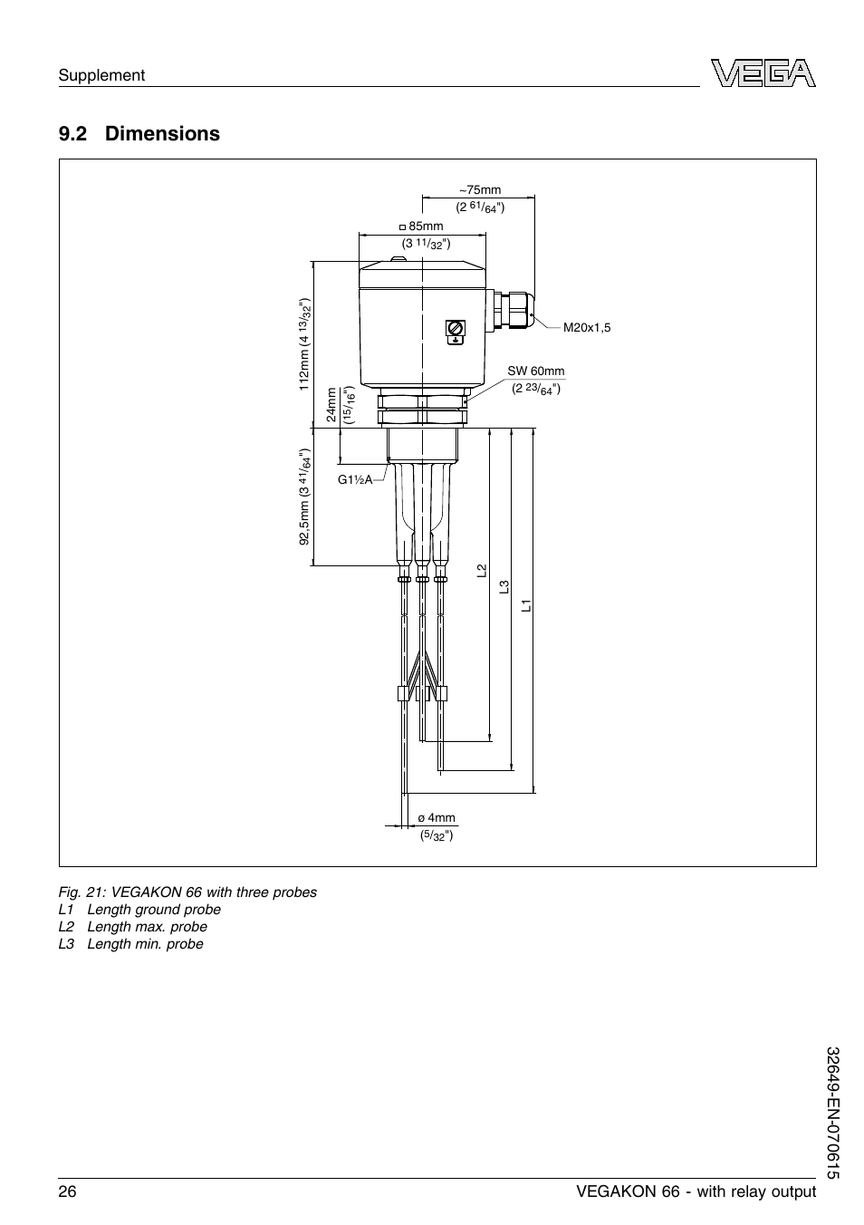 2 dimensions | VEGA VEGAKON 66 with relay output User Manual | Page 26 / 28