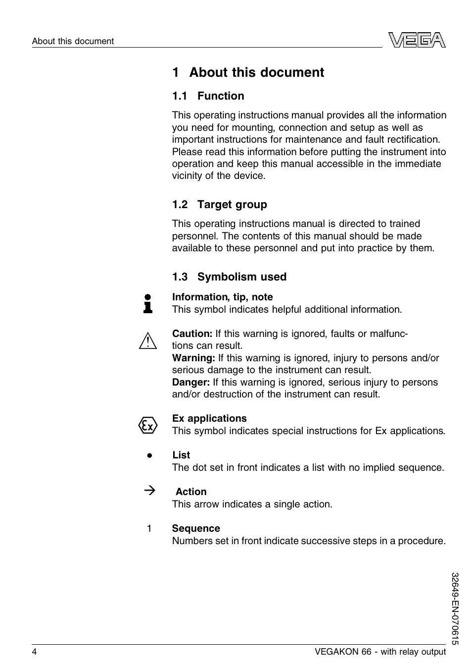 1 about this document, 1 function, 2 target group | 3 symbolism used, 1 a bout this document | VEGA VEGAKON 66 with relay output User Manual | Page 4 / 28