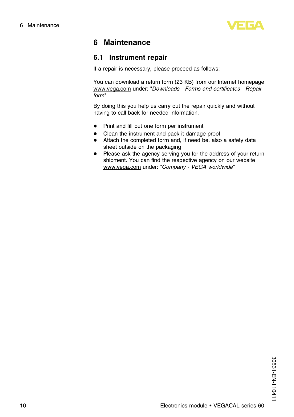 6 maintenance, 1 instrument repair, 6maintenance | VEGA VEGACAL series 60 User Manual | Page 10 / 16