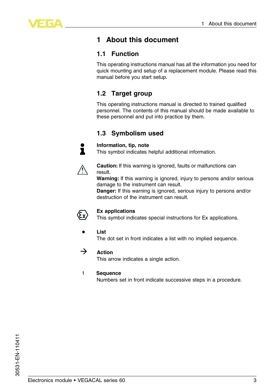 1 about this document, 1 function, 2 target group | 3 symbolism used, 1about this document | VEGA VEGACAL series 60 User Manual | Page 3 / 16