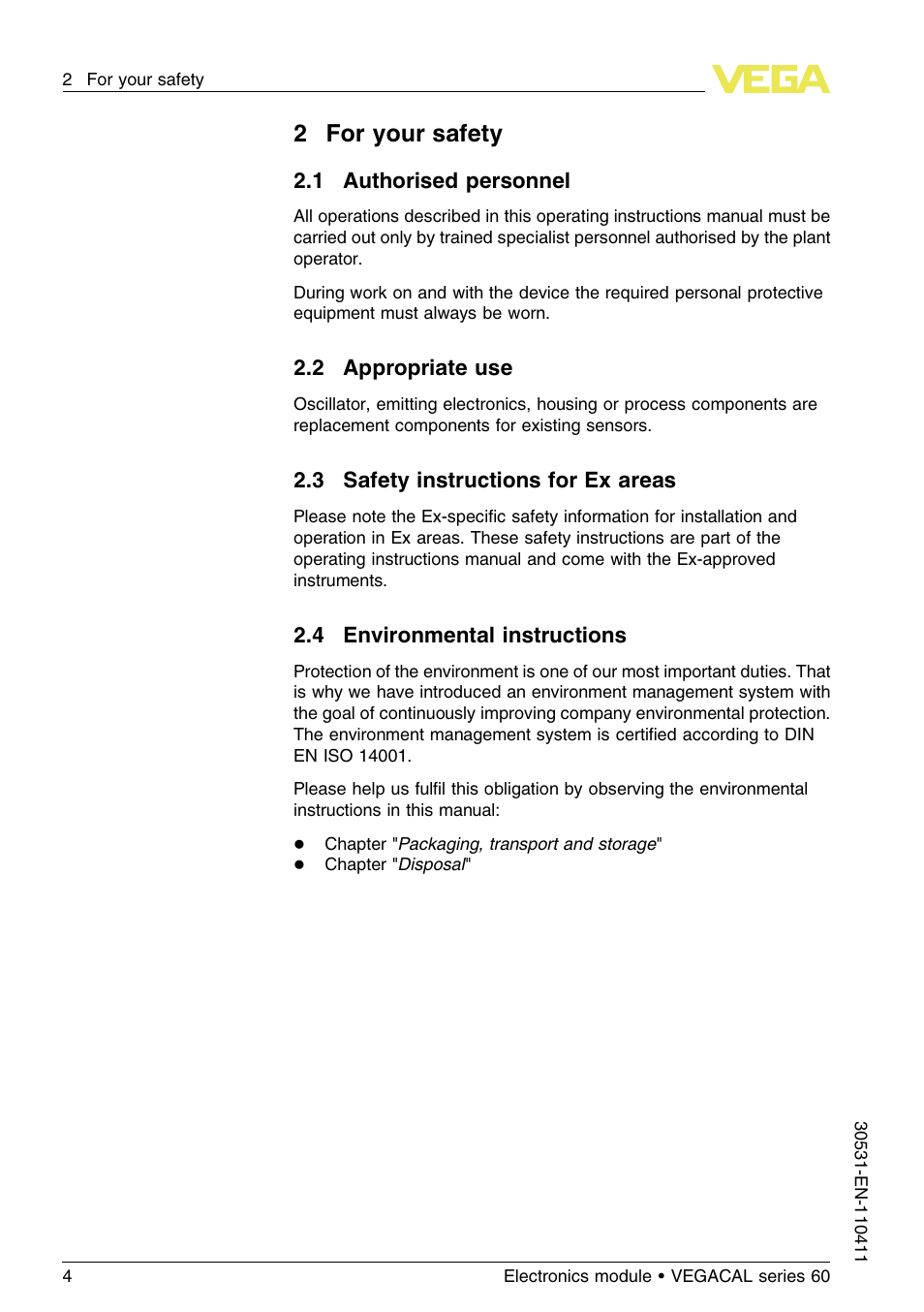 2 for your safety, 1 authorised personnel, 2 appropriate use | 3 safety instructions for ex areas, 4 environmental instructions, 2for your safety | VEGA VEGACAL series 60 User Manual | Page 4 / 16