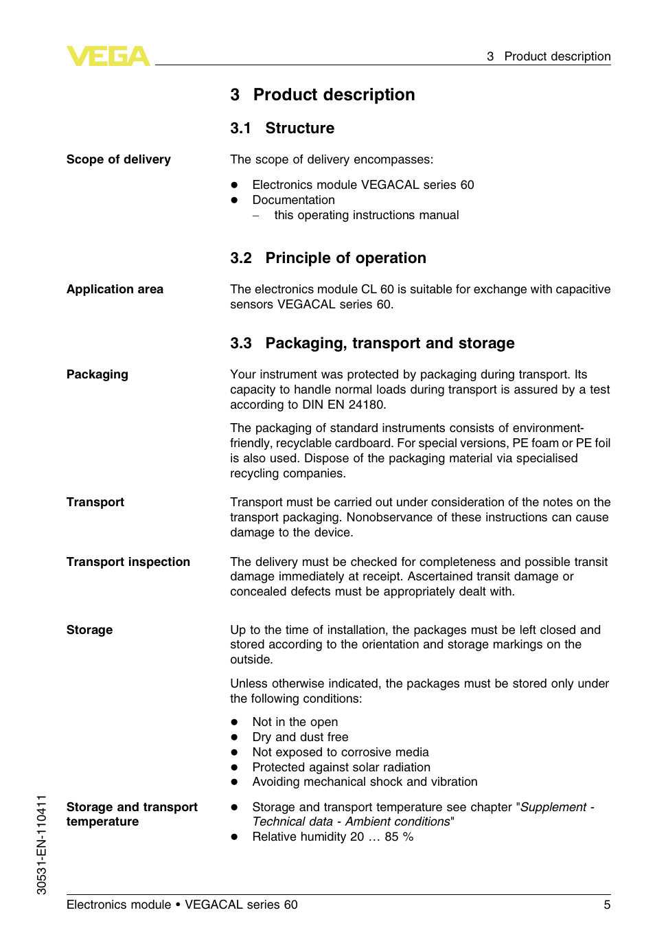 3 product description, 1 structure, 2 principle of operation | 3 packaging, transport and storage, 3product description | VEGA VEGACAL series 60 User Manual | Page 5 / 16