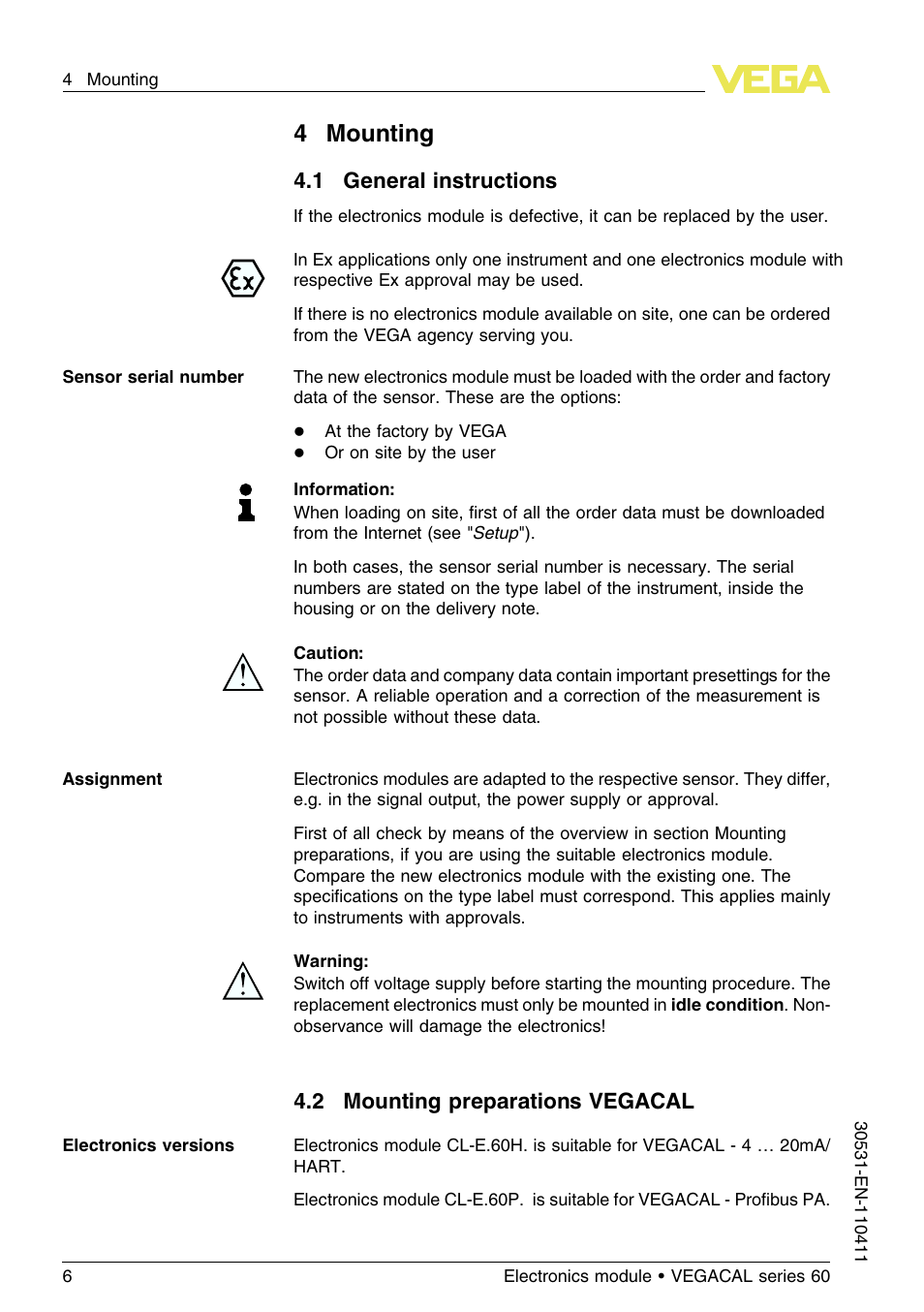 4 mounting, 1 general instructions, 2 mounting preparations vegacal | 4mounting | VEGA VEGACAL series 60 User Manual | Page 6 / 16