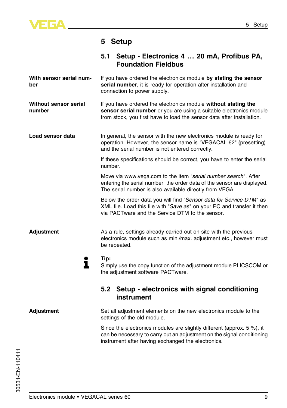 5 setup, 5setup | VEGA VEGACAL series 60 User Manual | Page 9 / 16