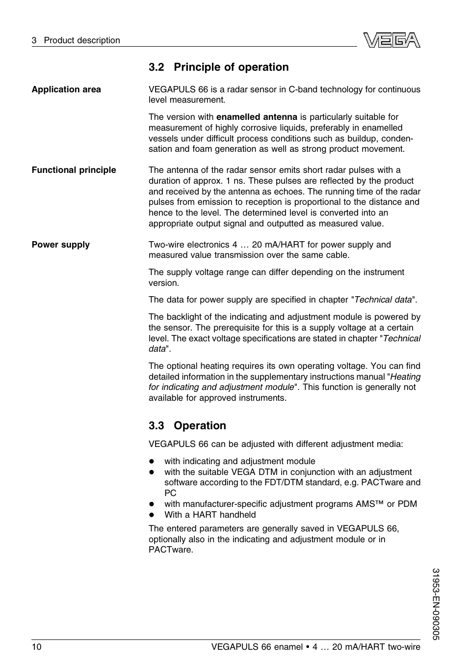 2 principle of operation, 3 operation | VEGA VEGAPULS 66 (≥ 2.0.0 - ≤ 3.8) enamel 4 … 20 mA_HART two-wire User Manual | Page 10 / 64