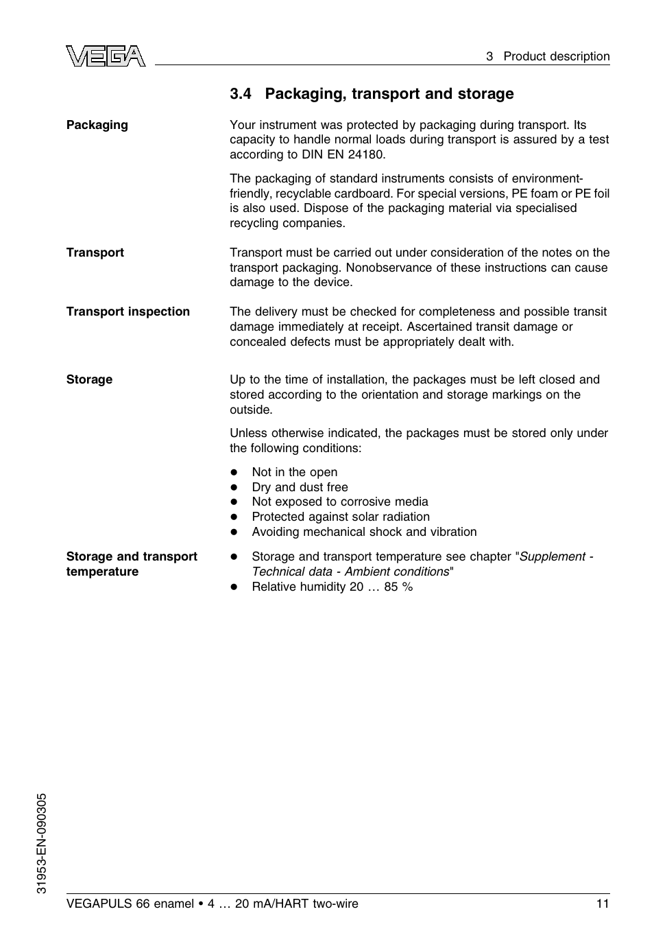 4 packaging, transport and storage | VEGA VEGAPULS 66 (≥ 2.0.0 - ≤ 3.8) enamel 4 … 20 mA_HART two-wire User Manual | Page 11 / 64