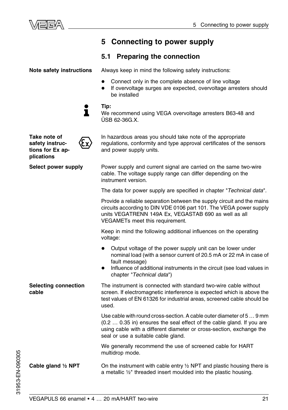 5 connecting to power supply, 1 preparing the connection | VEGA VEGAPULS 66 (≥ 2.0.0 - ≤ 3.8) enamel 4 … 20 mA_HART two-wire User Manual | Page 21 / 64