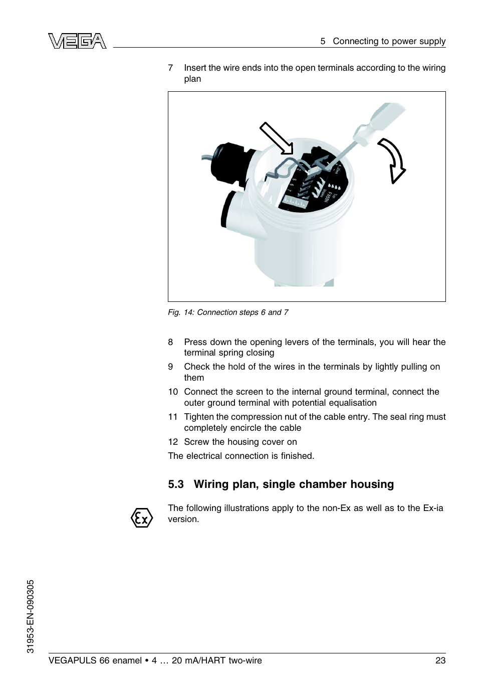 3 wiring plan, single chamber housing | VEGA VEGAPULS 66 (≥ 2.0.0 - ≤ 3.8) enamel 4 … 20 mA_HART two-wire User Manual | Page 23 / 64