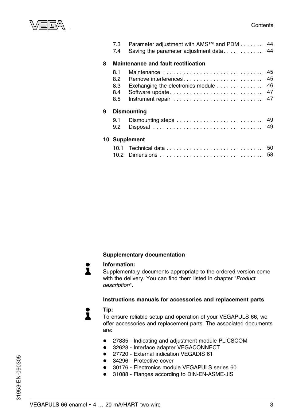 VEGA VEGAPULS 66 (≥ 2.0.0 - ≤ 3.8) enamel 4 … 20 mA_HART two-wire User Manual | Page 3 / 64