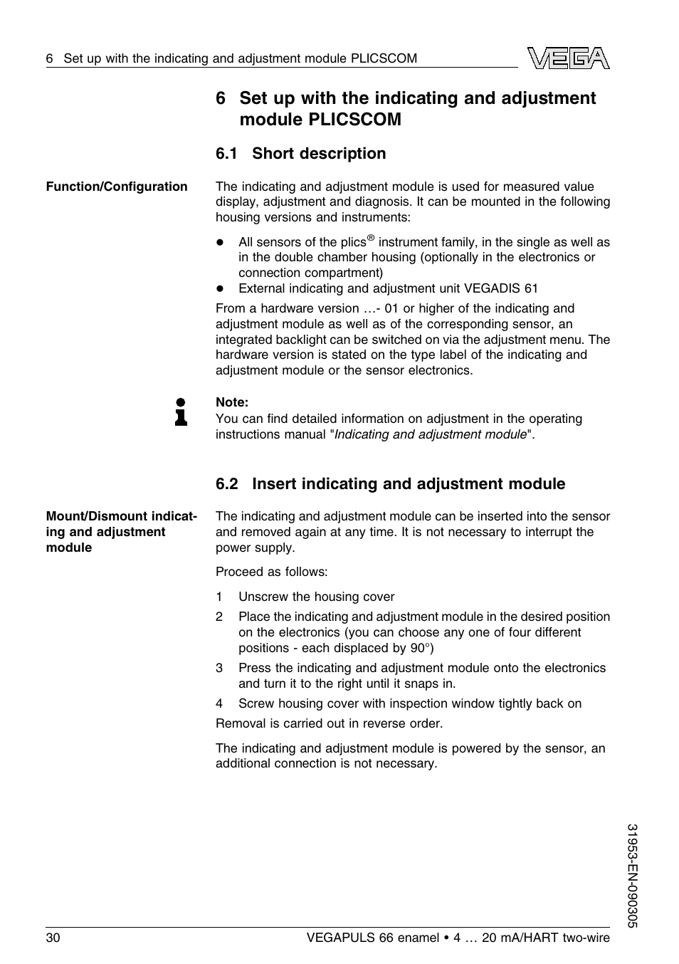 1 short description, 2 insert indicating and adjustment module | VEGA VEGAPULS 66 (≥ 2.0.0 - ≤ 3.8) enamel 4 … 20 mA_HART two-wire User Manual | Page 30 / 64