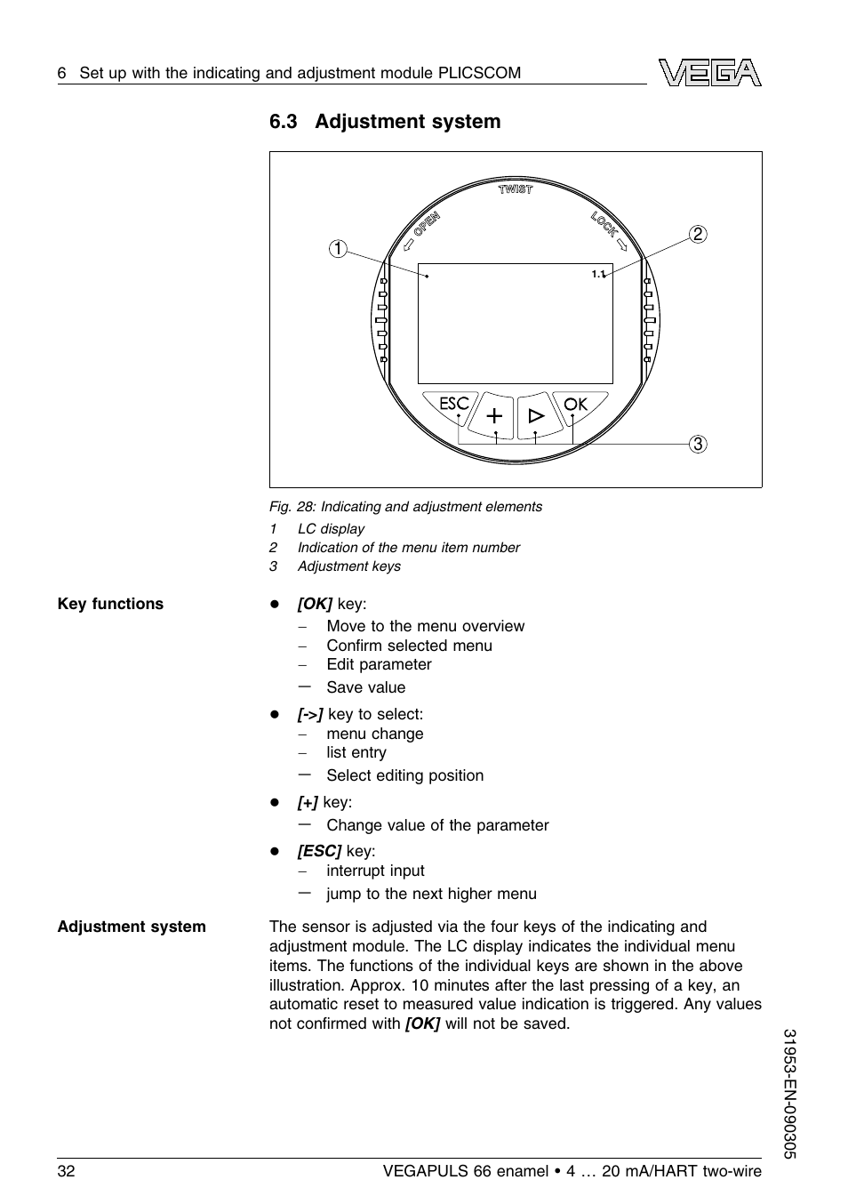 3 adjustment system | VEGA VEGAPULS 66 (≥ 2.0.0 - ≤ 3.8) enamel 4 … 20 mA_HART two-wire User Manual | Page 32 / 64