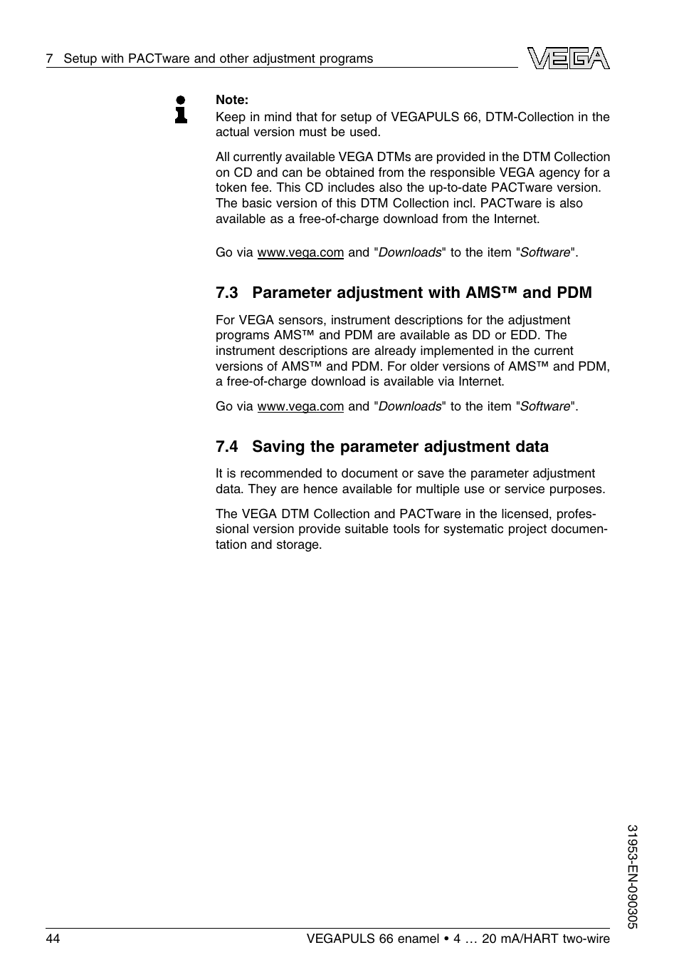 3 parameter adjustment with ams™ and pdm, 4 saving the parameter adjustment data | VEGA VEGAPULS 66 (≥ 2.0.0 - ≤ 3.8) enamel 4 … 20 mA_HART two-wire User Manual | Page 44 / 64