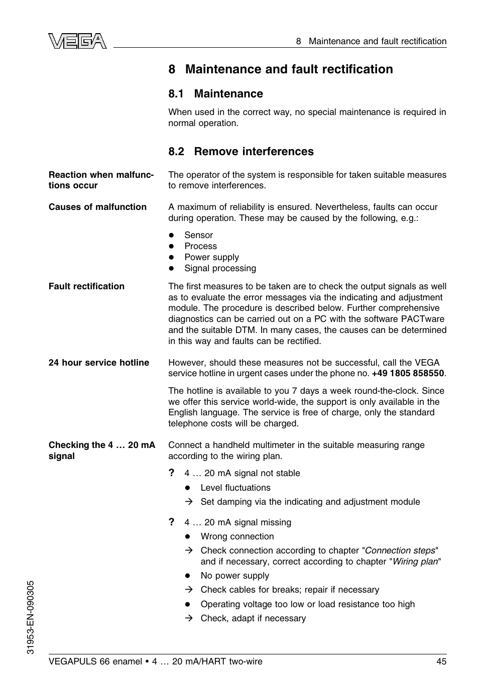 8 maintenance and fault rectification, 1 maintenance, 2 remove interferences | 8 maintenance and fault rectiﬁcation | VEGA VEGAPULS 66 (≥ 2.0.0 - ≤ 3.8) enamel 4 … 20 mA_HART two-wire User Manual | Page 45 / 64