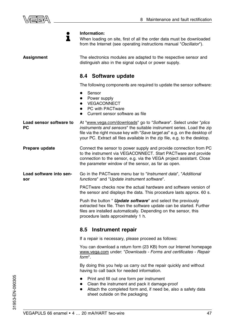4 software update, 5 instrument repair | VEGA VEGAPULS 66 (≥ 2.0.0 - ≤ 3.8) enamel 4 … 20 mA_HART two-wire User Manual | Page 47 / 64