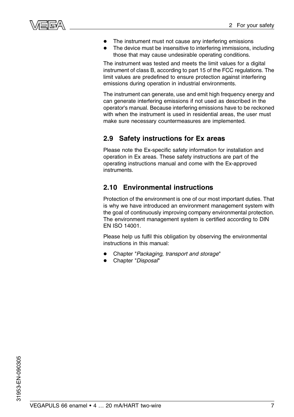 9 safety instructions for ex areas, 10 environmental instructions | VEGA VEGAPULS 66 (≥ 2.0.0 - ≤ 3.8) enamel 4 … 20 mA_HART two-wire User Manual | Page 7 / 64