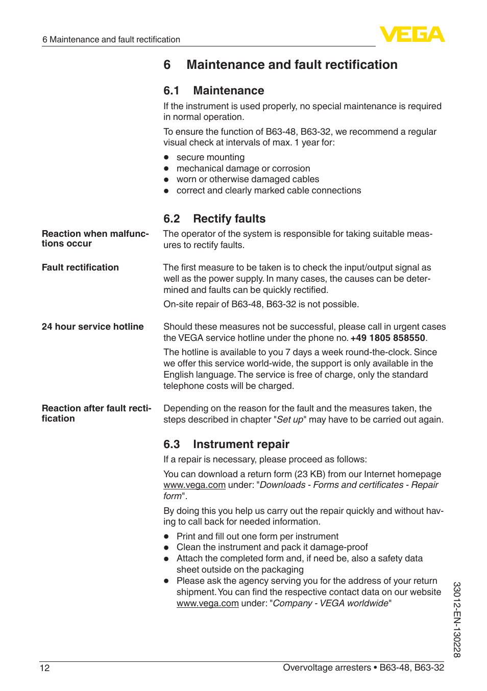 6 maintenance and fault rectification | VEGA B63-32 User Manual | Page 12 / 16