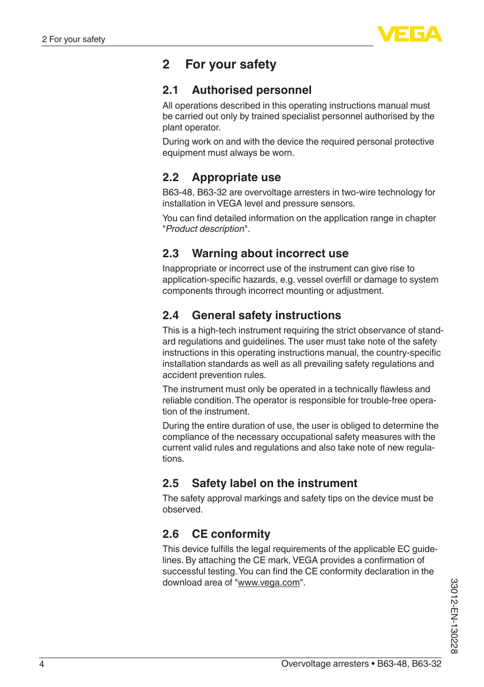 2 for your safety | VEGA B63-32 User Manual | Page 4 / 16