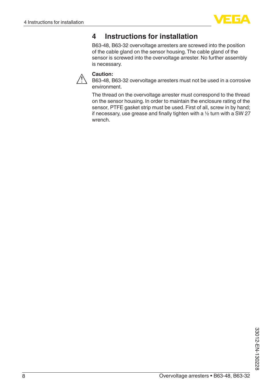 4 instructions for installation | VEGA B63-32 User Manual | Page 8 / 16