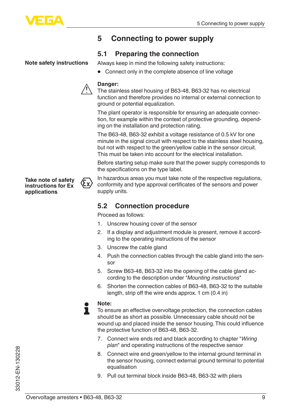 5 connecting to power supply, 1 preparing the connection, 2 connection procedure | VEGA B63-32 User Manual | Page 9 / 16