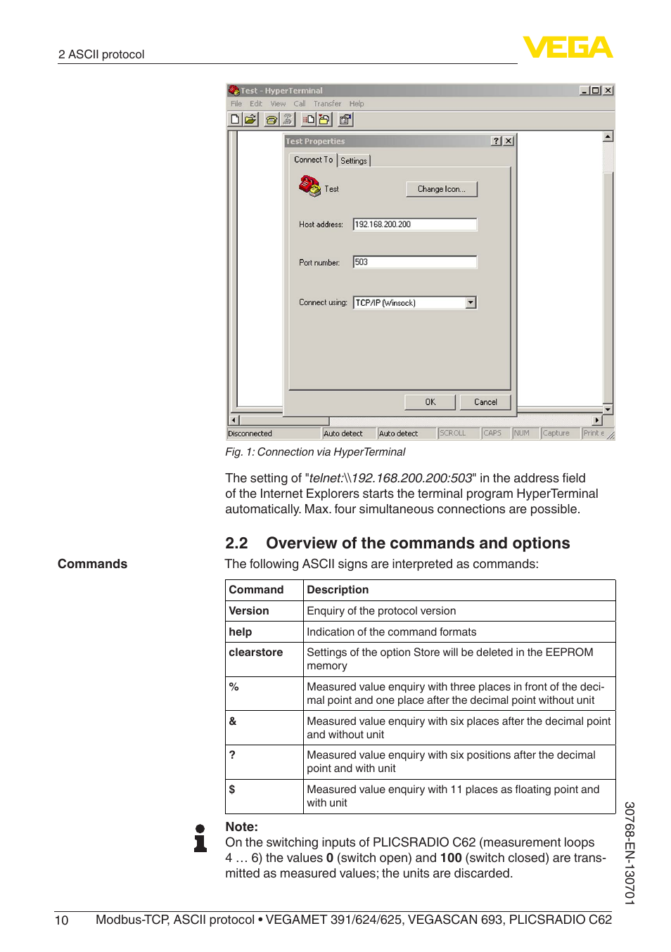 2 overview of the commands and options | VEGA Modbus-TCP, ASCII protocol User Manual | Page 10 / 32