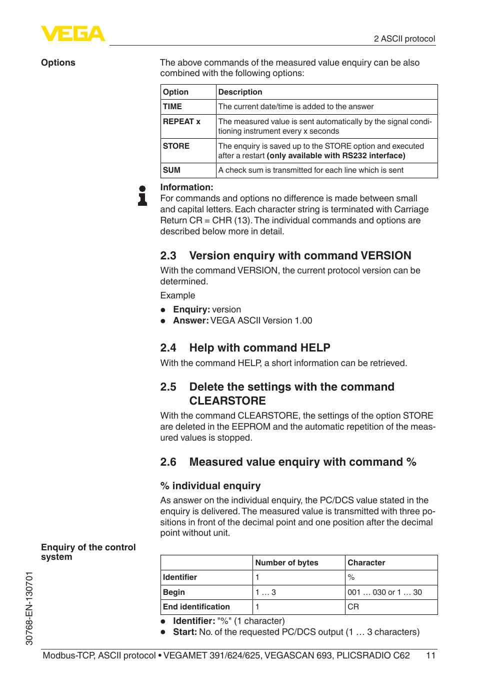 3 version enquiry with command version, 4 help with command help, 5 delete the settings with the command clearstore | 6 measured value enquiry with command | VEGA Modbus-TCP, ASCII protocol User Manual | Page 11 / 32