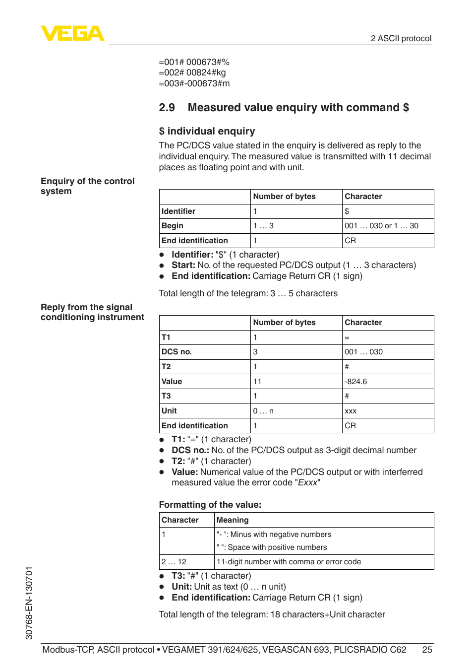 9 measured value enquiry with command | VEGA Modbus-TCP, ASCII protocol User Manual | Page 25 / 32