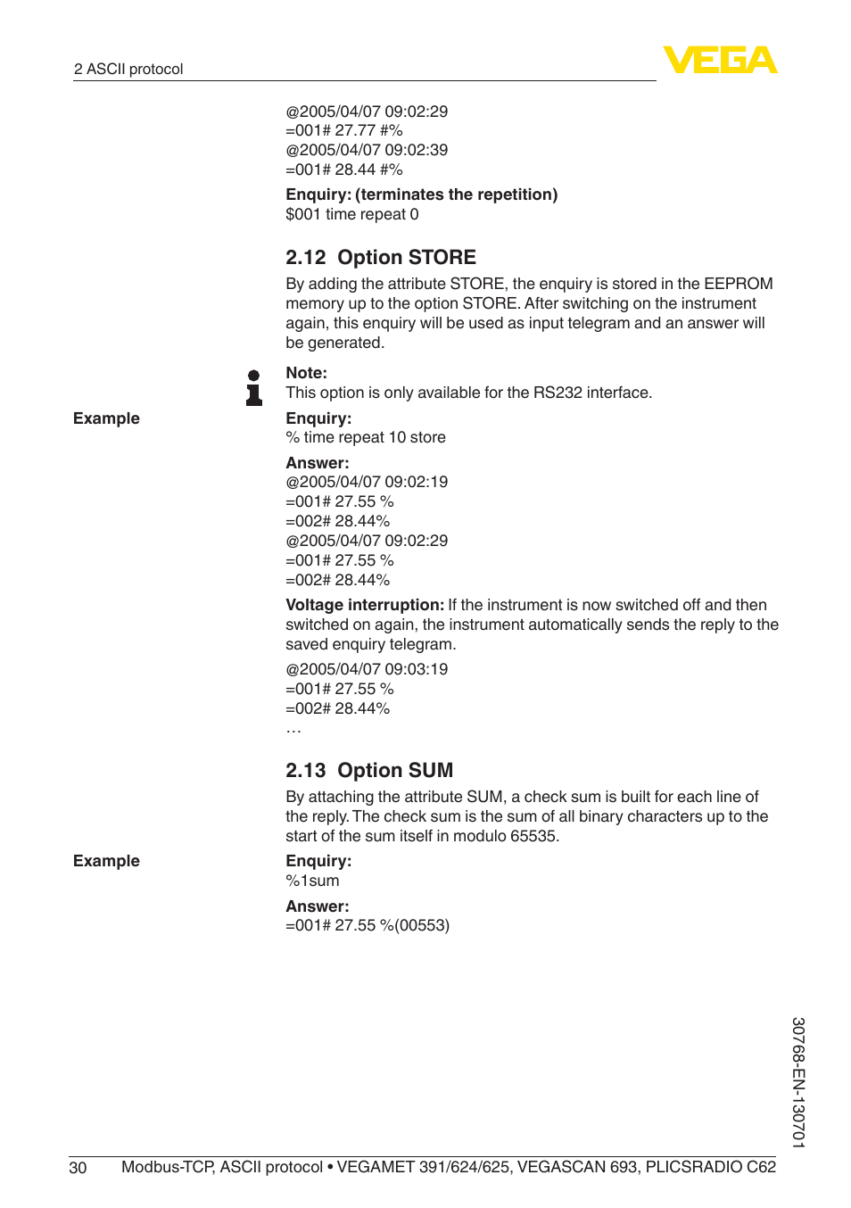 12 option store, 13 option sum | VEGA Modbus-TCP, ASCII protocol User Manual | Page 30 / 32