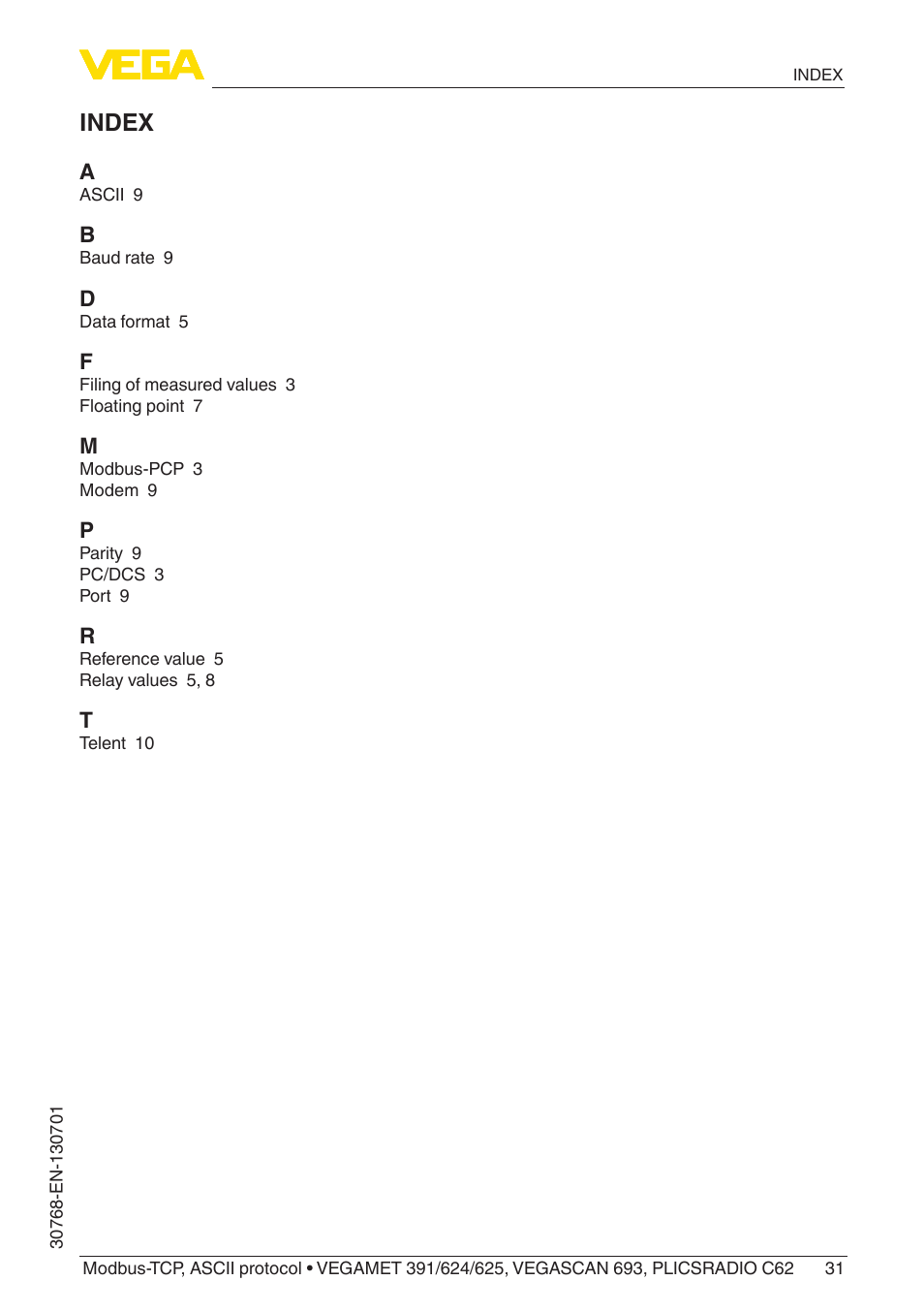 Index | VEGA Modbus-TCP, ASCII protocol User Manual | Page 31 / 32