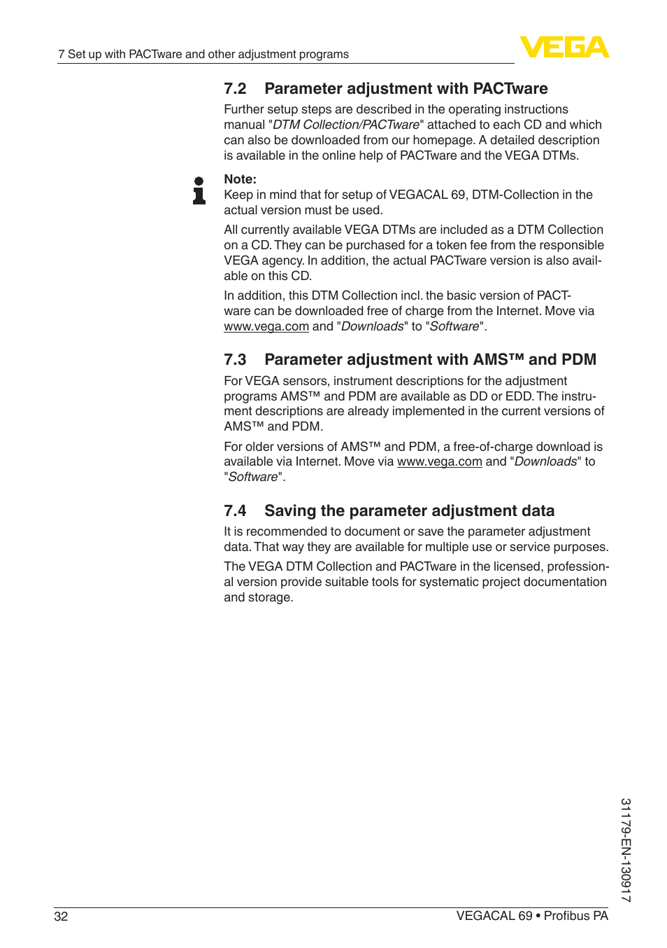 2 parameter adjustment with pactware, 4 saving the parameter adjustment data, 3 parameter adjustment with ams™ and pdm | VEGA VEGACAL 69 Profibus PA User Manual | Page 32 / 48